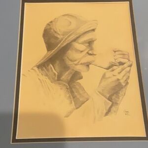 FISHERMAN WITH PIPE, FRAMED & MATTED BY JONI EARECKSON VINTAGE OLD